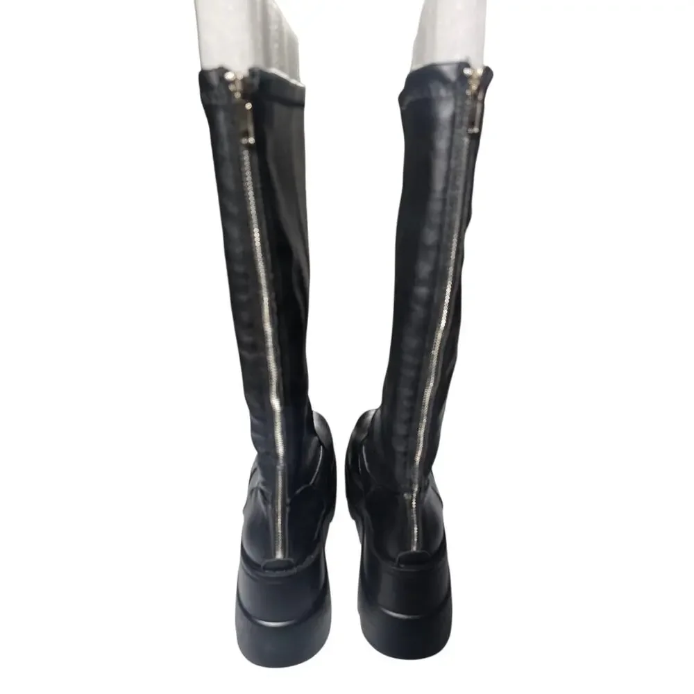 Black Knee High Platform Wedge Boots Chunky Lug Sole Back Zip Size 8.5
